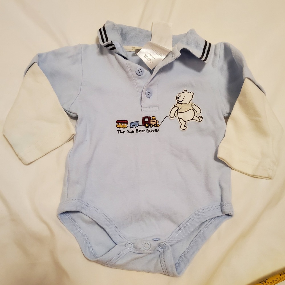 Disney Baby Winnie the Pooh Express Polo Bodysuit Blue White 6M Long Sleeve